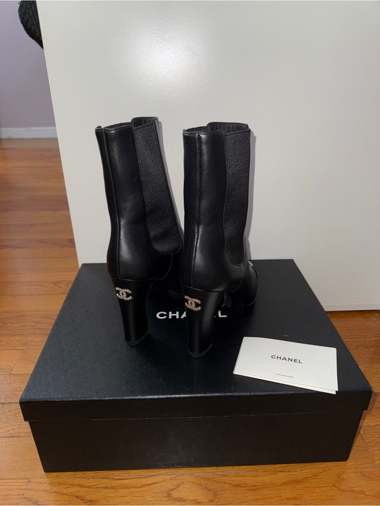 CHANEL Shoes - CHANEL Black Leather Mid-Calf Heeled Boots with CC Heel Logo